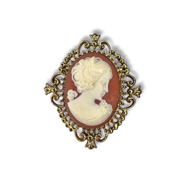 Vintage Avon Gold Tone Cameo Perfume Solid Locket Brooch - Picture 1 of 10
